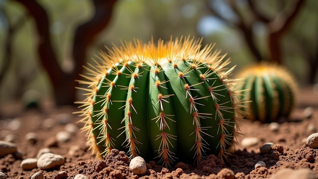 Detalle de cactus de barril con espinas prominentes, troncos retorcidos de árboles guayacán, suelo árido de color rojo-marrón