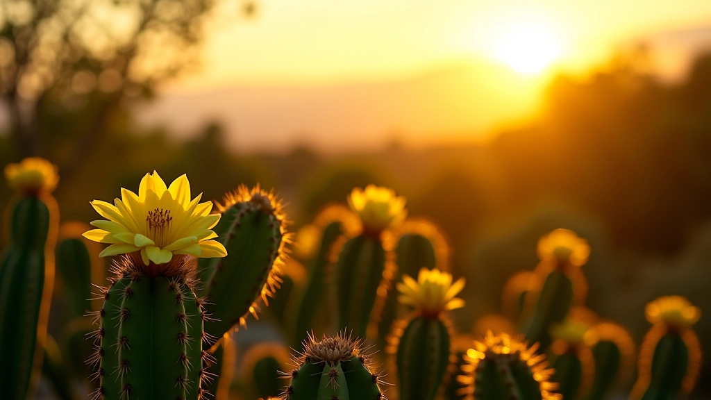 Cactus endémicos del bosque seco con flores amarillas y aves posadas en sus ramas, luz dorada del atardecer