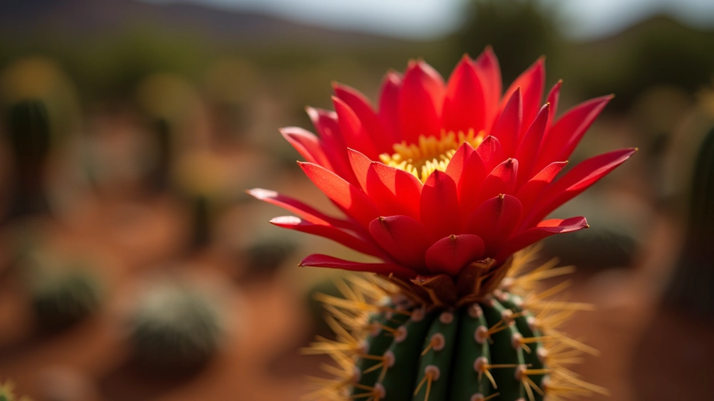 Melocactus intortus con flor roja brillante en primer plano, rodeado de vegetación árida del bosque seco bajo luz natural
