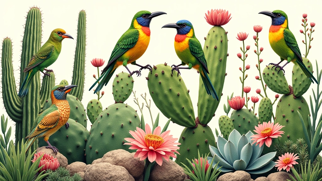 Collage de especies nativas: cactus endémicos, aves coloridas del bosque seco, lagartos y plantas
