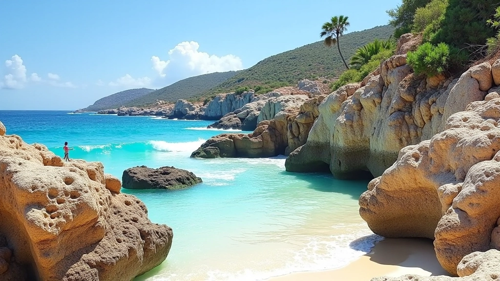 Formaciones de piedra caliza erosionada en playas fósiles con agua de mar azul turquesa