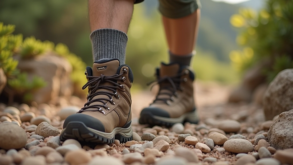 Botas de senderismo de cuero marrón con calcetines de lana sobre piedra de sendero