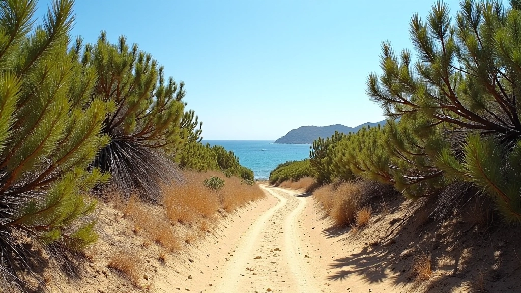 Sendero de acceso a playas fósiles con árboles bajos de bosque seco, camino bien definido y señalización visible