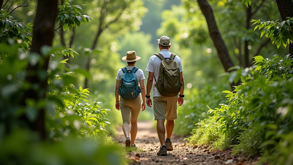 Grupo de jubilados explorando sendero con guía