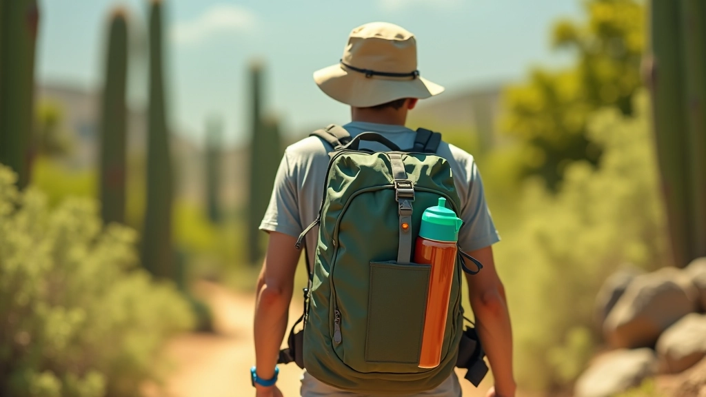 Mochila de senderismo abierta con equipo: botella de agua, protector solar, brújula, y otros accesorios