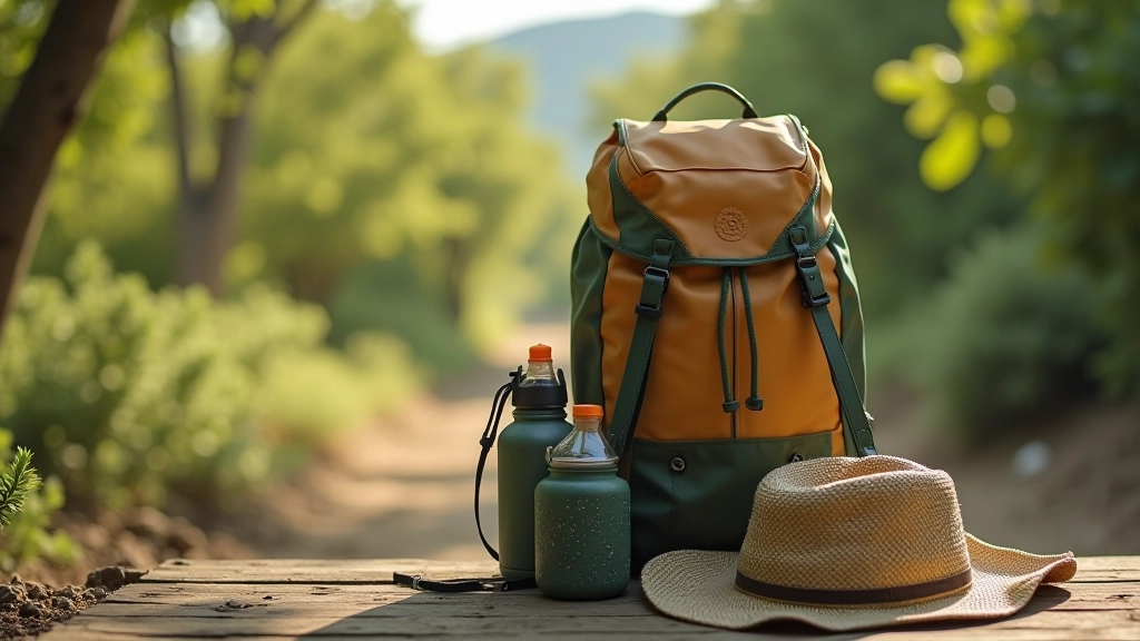 Mochila de senderismo con equipo organizado: botella de agua, protector solar, sombrero y brújula sobre superficie de madera