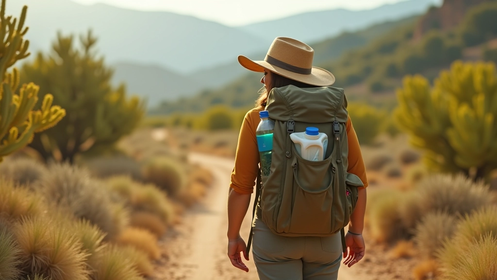 Mochila preparada con equipo de senderismo en clima seco, botellas de agua, sombrero y protección solar sobre fondo natural
