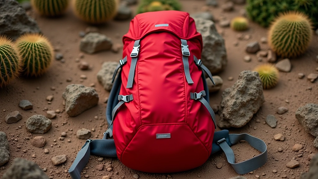 Mochila de senderismo roja con correas ajustables y cinturón de cadera abierto