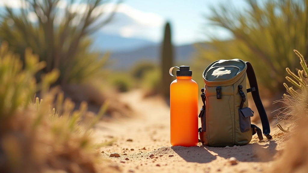 Botellas de agua reutilizables y mochila de hidratación sobre una roca en sendero seco