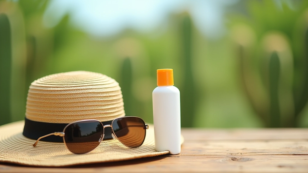 Sombrero de ala ancha, gafas de sol y protector solar SPF 50 sobre mesa de madera