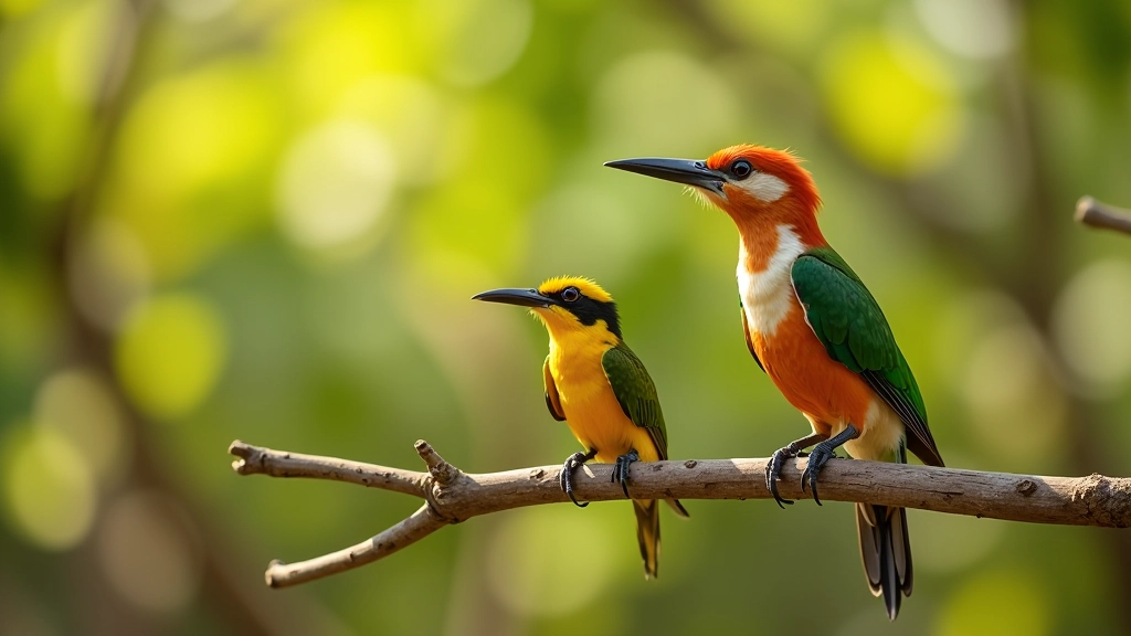 Fotografía de pájaros tropicales en rama: carpintero, reinita, loro, vegetación del bosque seco de fondo, luz natural clara