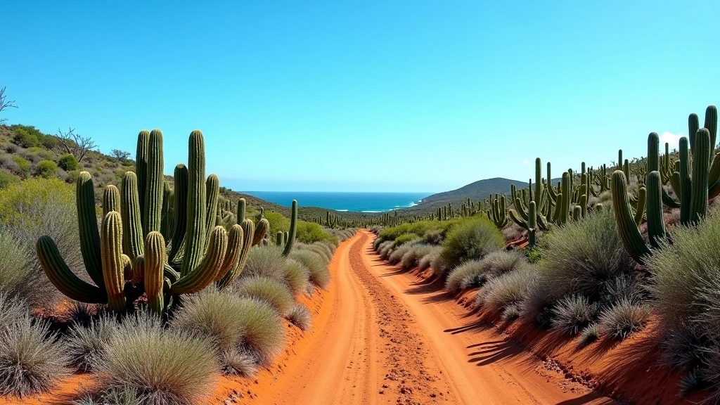 Vista panorámica del Bosque Seco de Guánica con vegetación árida y cielo azul claro, sendero de tierra roja visible entre cactus