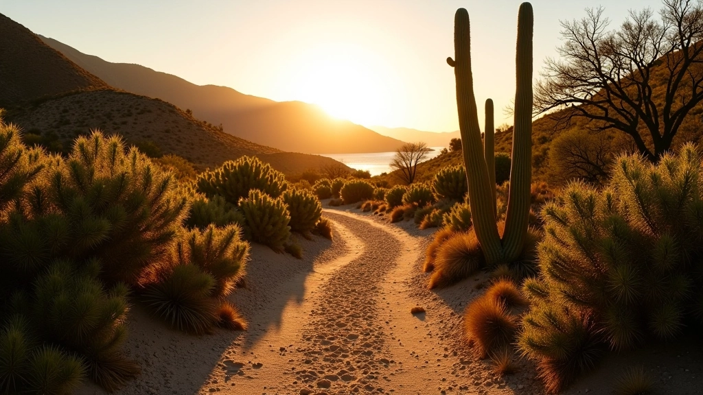 Sendero sinuoso en el Bosque Seco de Guánica rodeado de cactus y vegetación seca, luz natural del atardecer