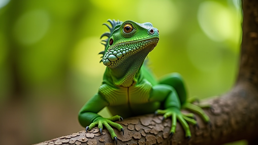 Iguana verde descansando en rama gruesa de árbol seco, piel texturizada visible, bosque seco borroso de fondo