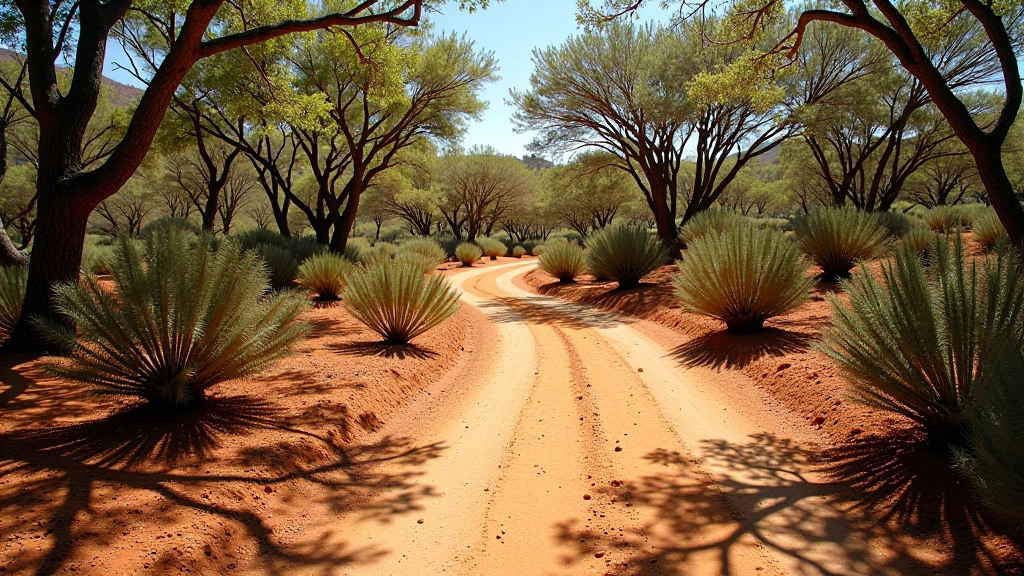 Sendero de tierra roja sinuoso entre cactus y árboles del bosque seco, marcas de trail visible en el suelo, sombra natural de árboles